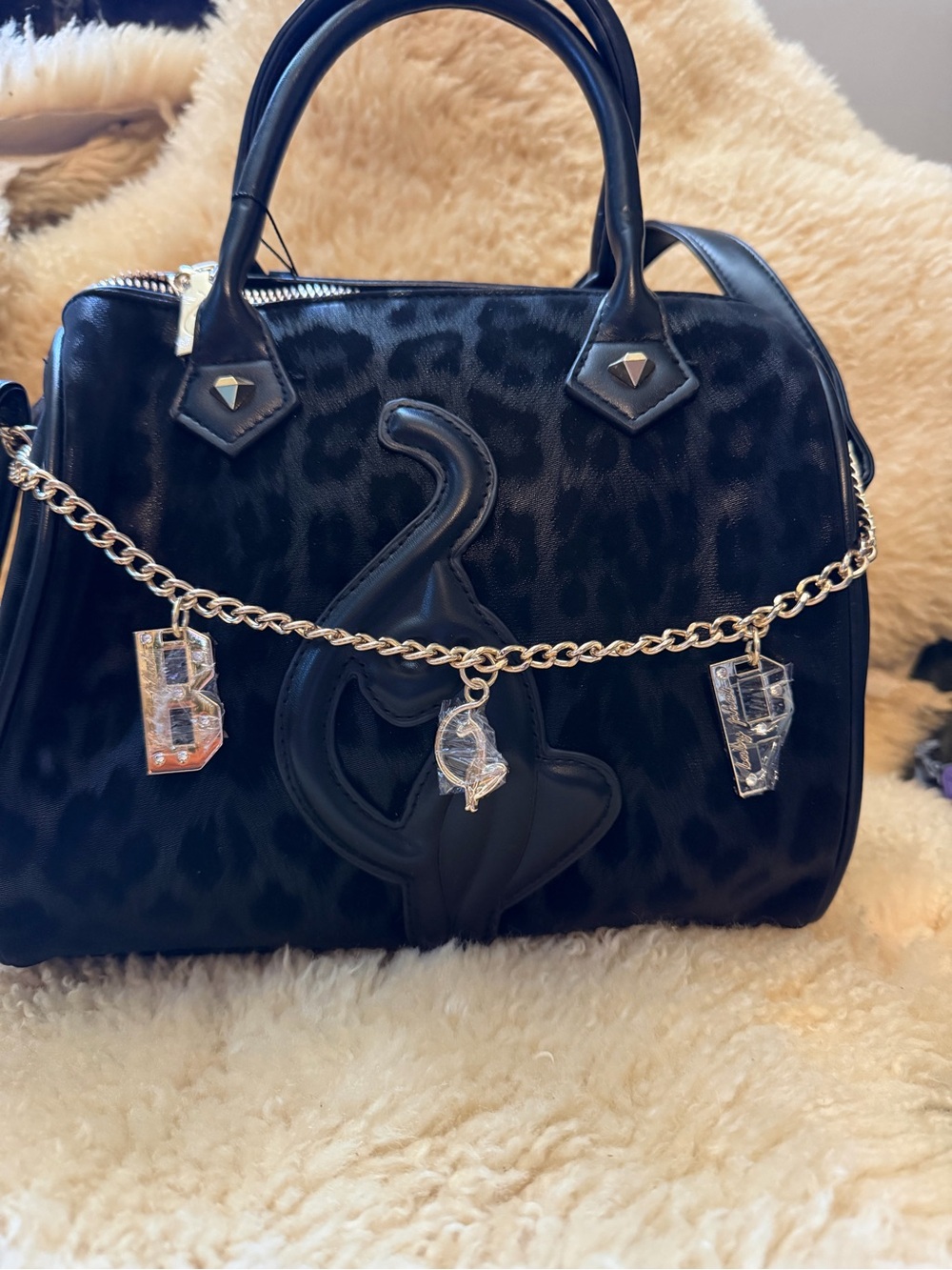 Baby Phat Black Leopard-Print Satchel with Chain Logo Charms